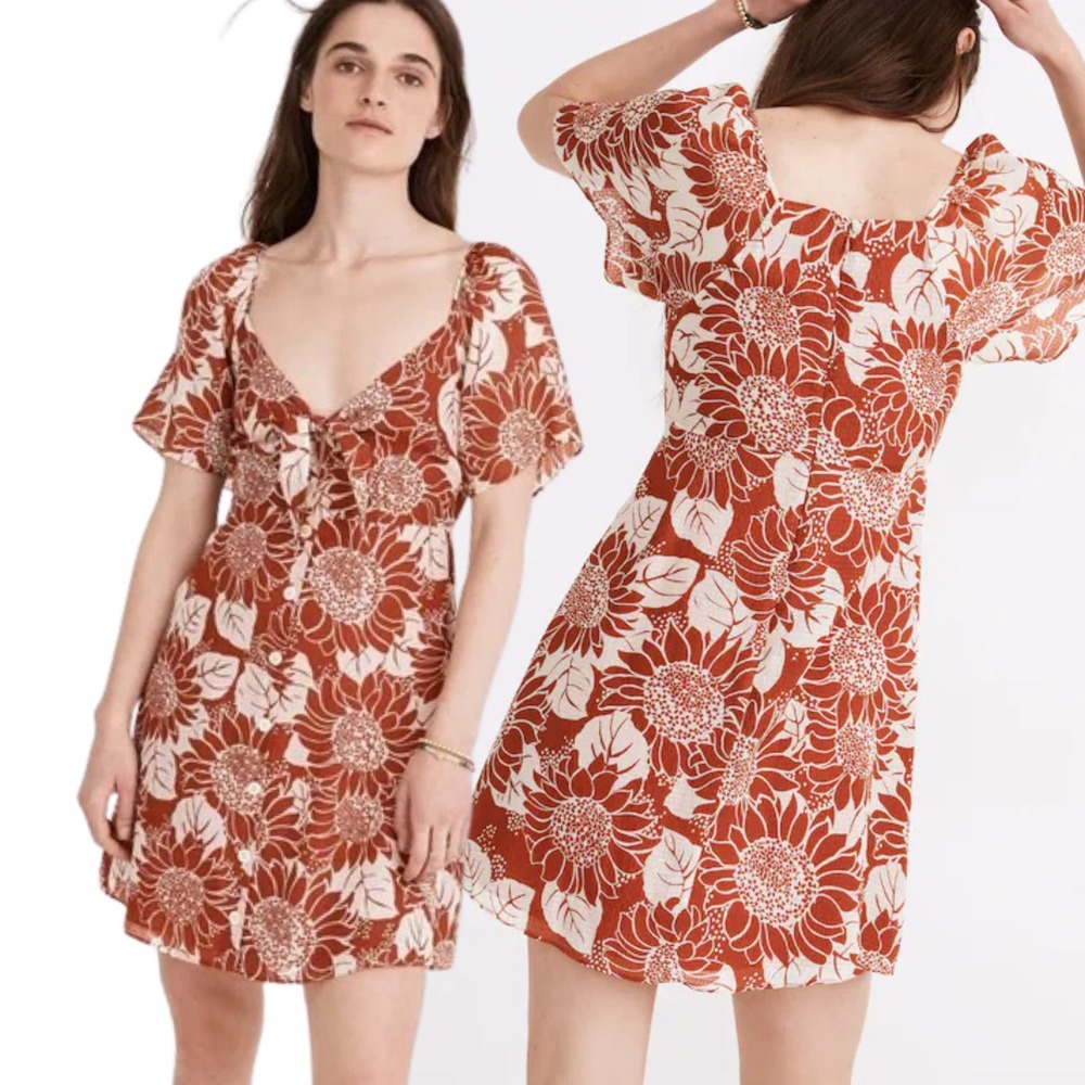 Madewell‎ Silk Tie-Front Mini Dress in Big Sunflowers, Rusty Red Orange Size 00